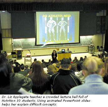 Dr. Liz Applegate teaches a crowded lecture hall full of Nutrition 10 students