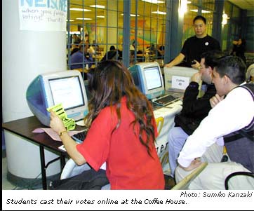 photo: students cast their votes online at the Coffee House