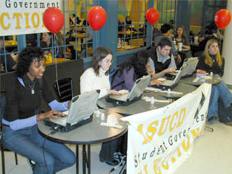 photo of students voting on laptop computers at the M U