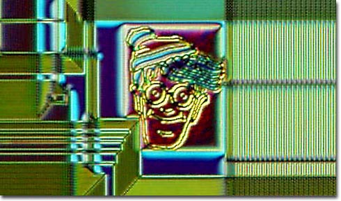 photo of microscopic image of an integrated circuit with Waldo engraved on it