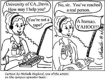 cartoon about campus telephone operators drawn by Michelle Hoglund, one of the operators