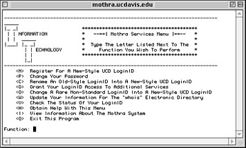 screen capture of the Mothra services menu as displayed in a Telnet session